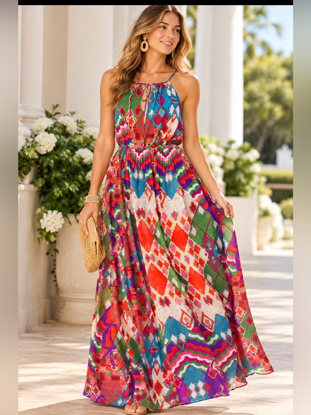 Maeve Anthropologie Multicolor Boho Abstract Print Halter Maxi Dress Size 12